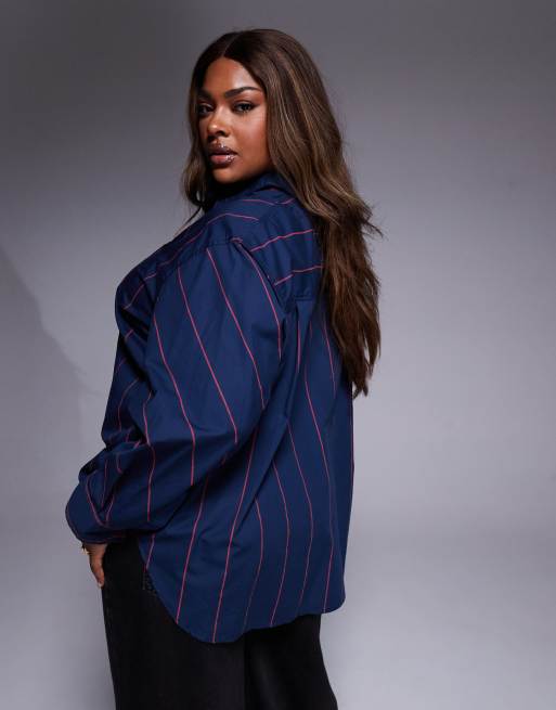 ASOS DESIGN Curve - Gestreept oversized overhemd met ingenomen detail in blauw met rood, 4 van 4