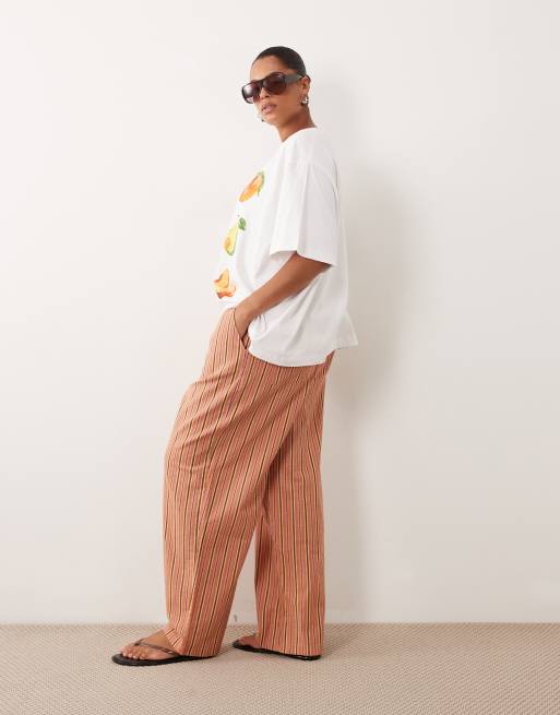 ASOS DESIGN Curve - Gestreepte broek met linnenlook en elastische taille in oranje, 2 van 5