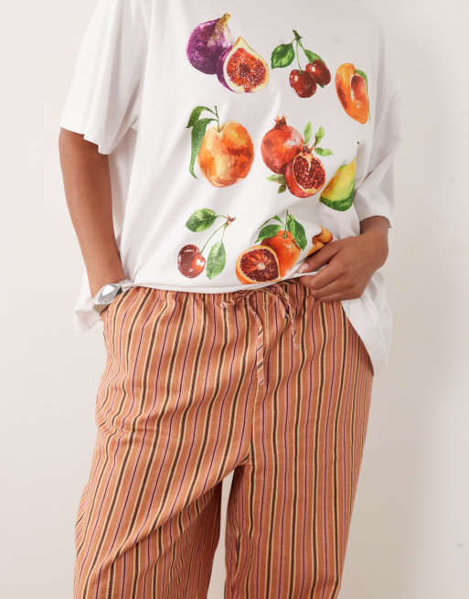 ASOS DESIGN Curve - Gestreepte broek met linnenlook en elastische taille in oranje, 3 van 5