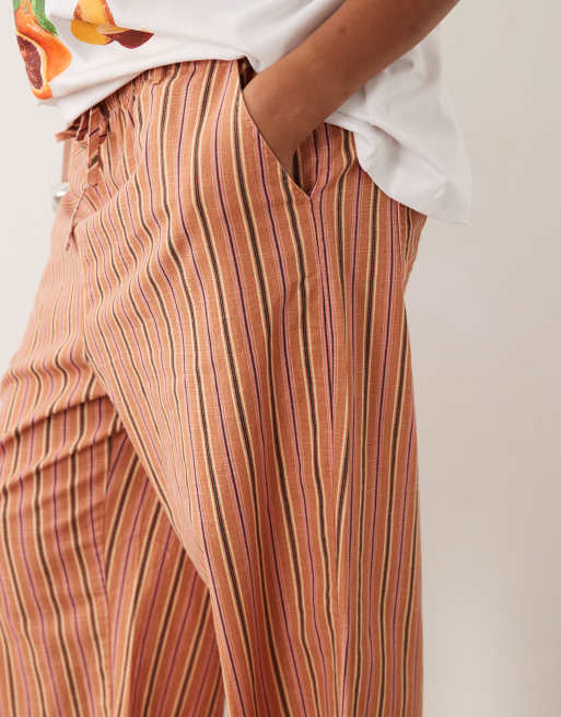 ASOS DESIGN Curve - Gestreepte broek met linnenlook en elastische taille in oranje, 4 van 5