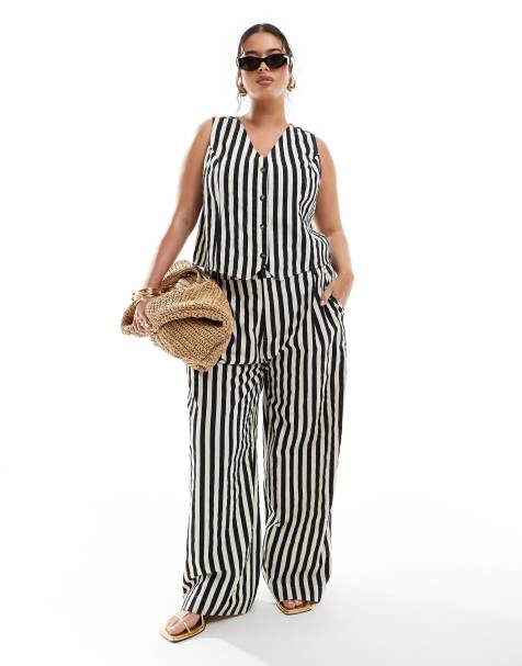 ASOS DESIGN Curve - Gestreepte broek met wijde pijpen en linnen in mono - view 1