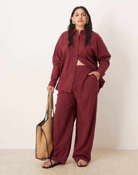 ASOS DESIGN Curve - Gestreepte co-ord set van top met overslag en broek in bordeauxrood - view 1