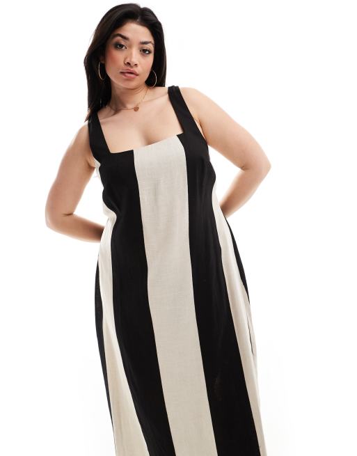 ASOS DESIGN Curve - Gestreepte maxi zonnejurk met vierkante hals en gestrikte achterkant in zwart-wit