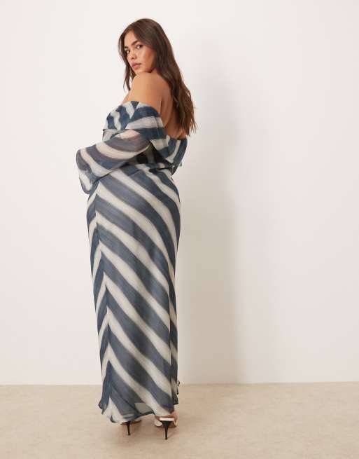 ASOS DESIGN Curve - Gestreepte midi bardotjurk met omslag in blauw, 3 van 4
