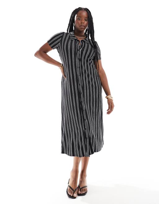 ASOS DESIGN Curve - Gestreepte midi jurk met korte mouwen en knoopsluiting in zwart