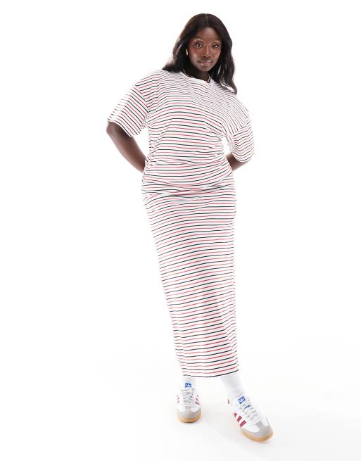 ASOS DESIGN Curve - Gestreepte midi jurk met ronde hals en gerimpelde zijkant in bordeaux