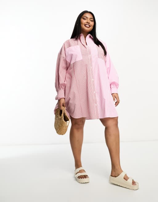 ASOS DESIGN Curve - Gestreepte mini overhemdjurk met ballonmouwen in roze en rood 