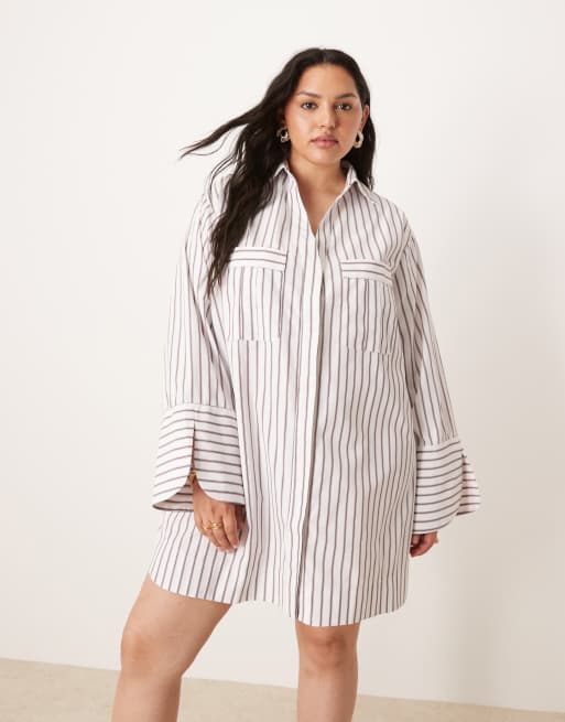 ASOS DESIGN Curve - Gestreepte mini-overhemdjurk met brede manchetten en oversized zakken in bordeauxrood, 4 van 4