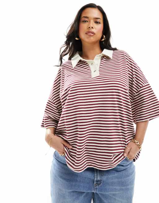 ASOS DESIGN Curve - Gestreepte oversized rugbytop in rood en wit