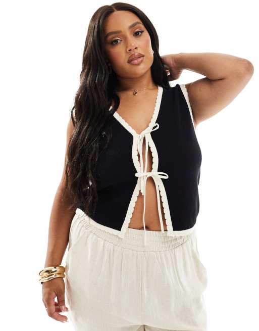 ASOS DESIGN Curve – Gestrickte Weste in Schwarz und Creme mit Kontraststreifen