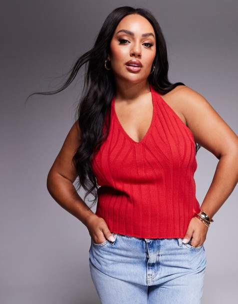 ASOS DESIGN Curve – Gestricktes Neckholder-Oberteil in Rot mit breiter Rippenstruktur - view 1