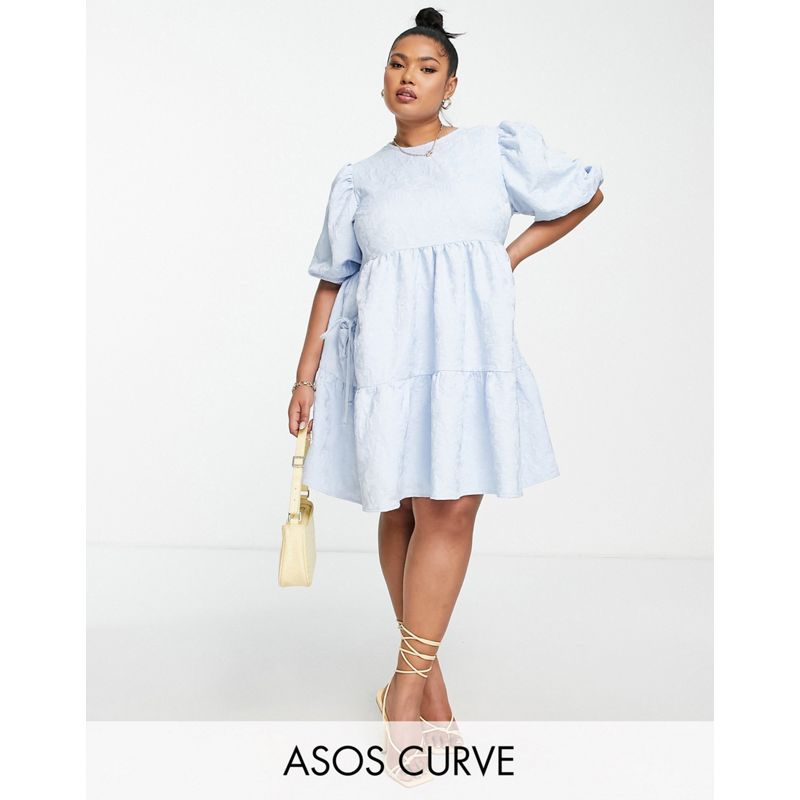 DESIGN Curve – Gestuftes Jacquard-Minikleid in Pastellblau mit Balgtaschen 