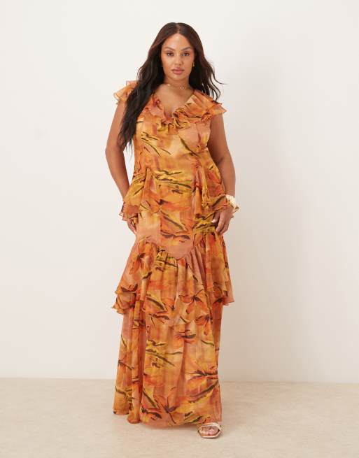 ASOS DESIGN Curve – Gestuftes Midaxikleid in Gelb mit Blumenmuster, Rüschen, Flatterärmeln und U-Ausschnitt, 2 von 4