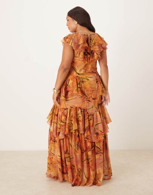 ASOS DESIGN Curve – Gestuftes Midaxikleid in Gelb mit Blumenmuster, Rüschen, Flatterärmeln und U-Ausschnitt, 3 von 4