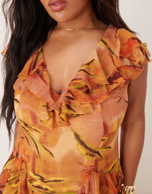 ASOS DESIGN Curve – Gestuftes Midaxikleid in Gelb mit Blumenmuster, Rüschen, Flatterärmeln und U-Ausschnitt, 4 von 4