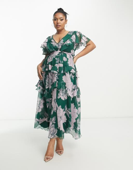 ASOS DESIGN Curve – Gestuftes Midikleid in Grün mit Blumenmuster in Flieder, Rückenausschnitt und Spitzeneinsatz