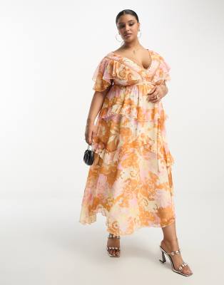 ASOS DESIGN Curve - Gestuftes Midikleid mit Spitzeneinsatz, Rückenausschnitt und sommerlichem Blumenmuster-Bunt