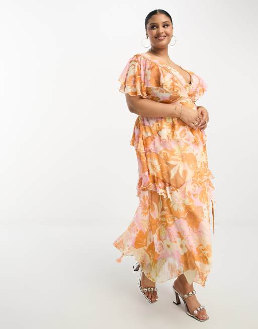 ASOS DESIGN Curve – Gestuftes Midikleid mit Spitzeneinsatz, Rückenausschnitt und sommerlichem Blumenmuster, 4 von 4