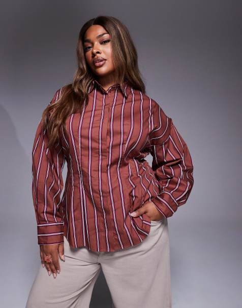 ASOS DESIGN Curve - Getailleerd gestreept overhemd in bruin - view 1