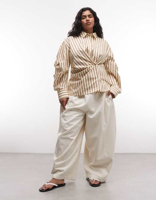 ASOS DESIGN Curve - Getailleerd gestreept overhemd met overslag en cocoonmouwen in geel, 3 van 4