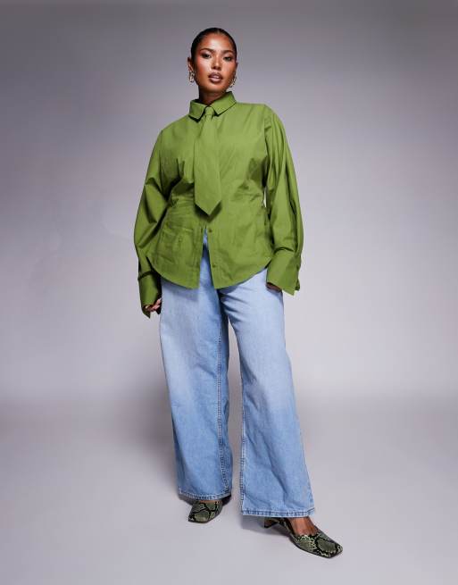 ASOS DESIGN Curve - Getailleerd overhemd met stropdas in olijfgroen, 3 van 4
