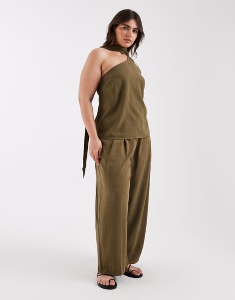 ASOS DESIGN Curve - Getailleerde co-ord set van top met sjaaldetail en masculiene broek in kaki - view 1