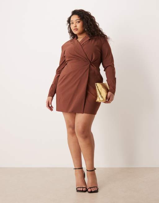 ASOS DESIGN Curve - Getailleerde mini-blazerjurk in chocoladebruin, 2 van 4
