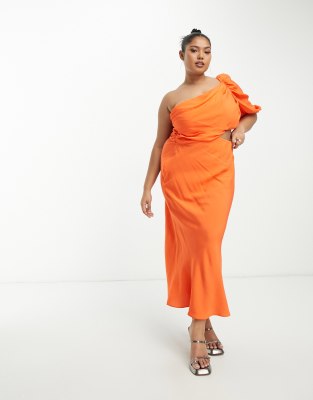 ASOS DESIGN Curve - Gewaschenes Maxikleid in Orange mit One-Shoulder-Träger und Zierausschnitt seitlich an der Taille