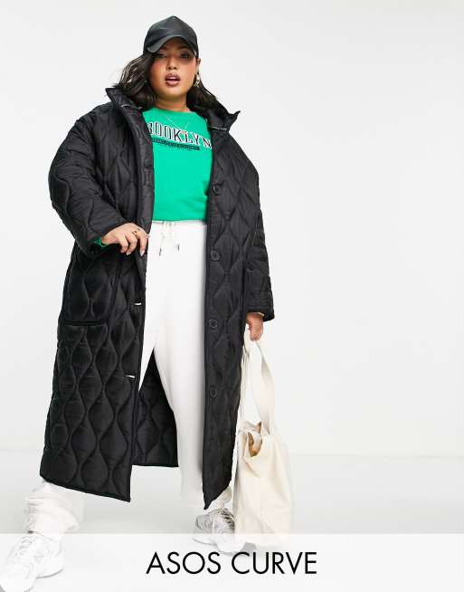 ASOS DESIGN Curve - Gewatteerd jack met lange pasvorm en capuchon in black