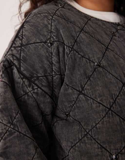 ASOS DESIGN Curve - Gewatteerd jack met versiering en quilting in antracietgrijs met wassing, 4 van 4