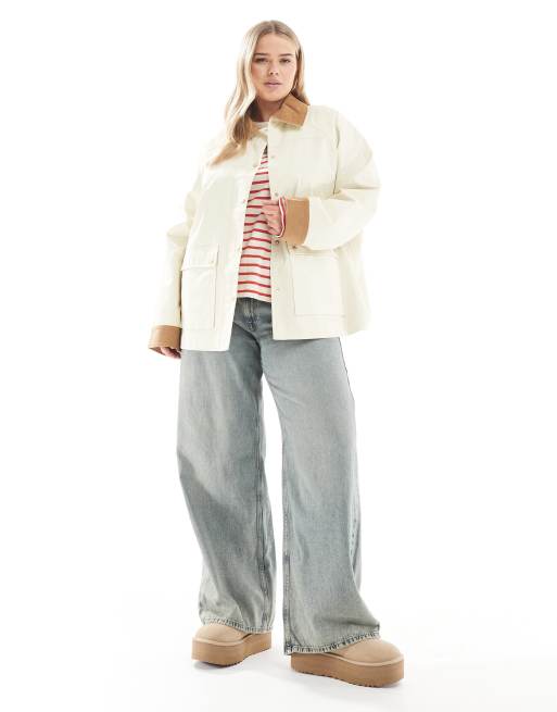 ASOS DESIGN Curve - Gewaxt jack met kraagje van corduroy in stone