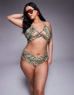 ASOS DESIGN Curve - Gia - Bikinihose mit Animal-Print, hohem Beinausschnitt und hohem Bund-Bunt