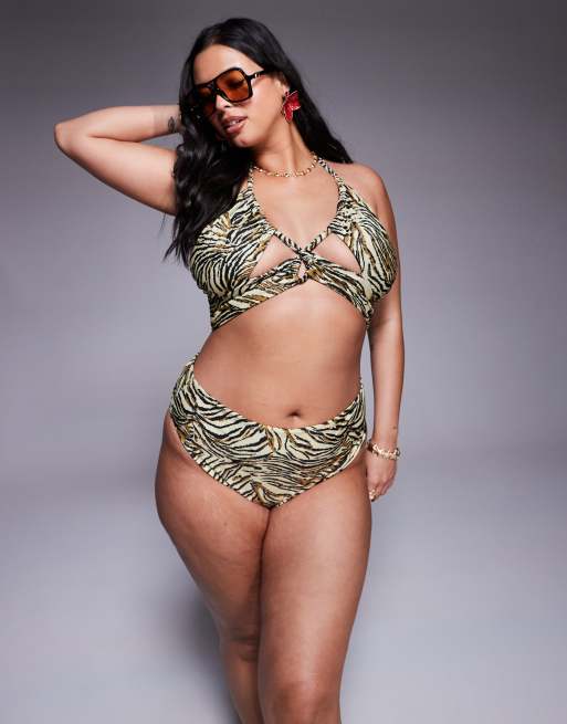 ASOS DESIGN Curve – Gia – Djurmönstrad bikiniunderdel med hög benskärning och hög midja