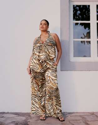 ASOS DESIGN Curve - Gia - Hose aus Satin mit Animal-Print-Bunt