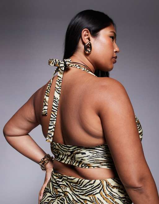 ASOS DESIGN Curve Gia keyhole cross neck bikini top in animal