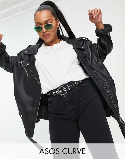 ASOS DESIGN Curve - Giacca biker oversize in pelle, colore nera