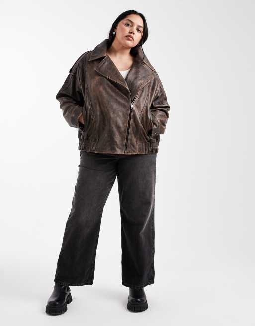 ASOS DESIGN Curve - Giacca biker oversize in pelle marrone slavato con fodera trapuntata, 2 di 4