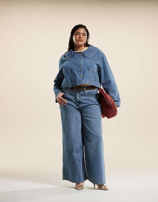 ASOS DESIGN Curve - Giacca di jeans blu medio con colletto arrotondato in coordinato, 2 di 4