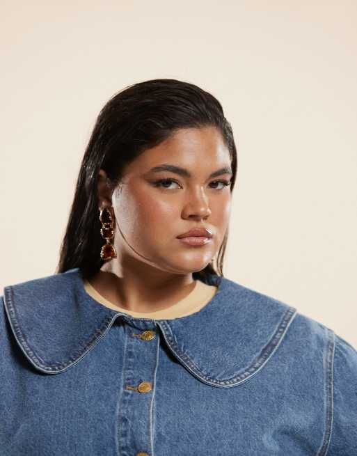 ASOS DESIGN Curve - Giacca di jeans blu medio con colletto arrotondato in coordinato, 3 di 4