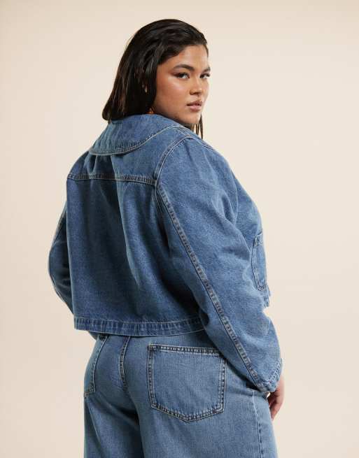ASOS DESIGN Curve - Giacca di jeans blu medio con colletto arrotondato in coordinato, 4 di 4