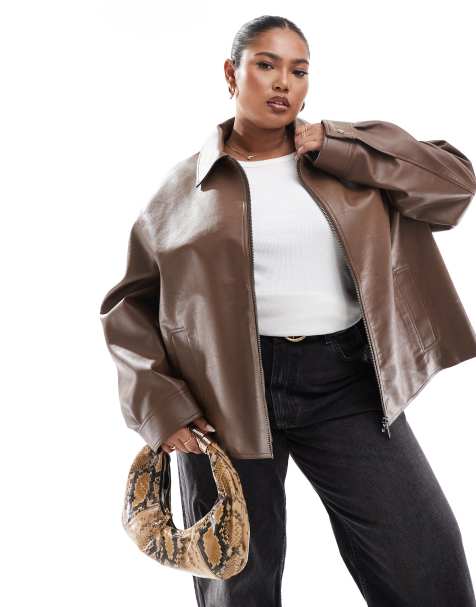 ASOS DESIGN Curve - Giacca harrington color cioccolato in pelle sintetica con zip sul davanti - view 1
