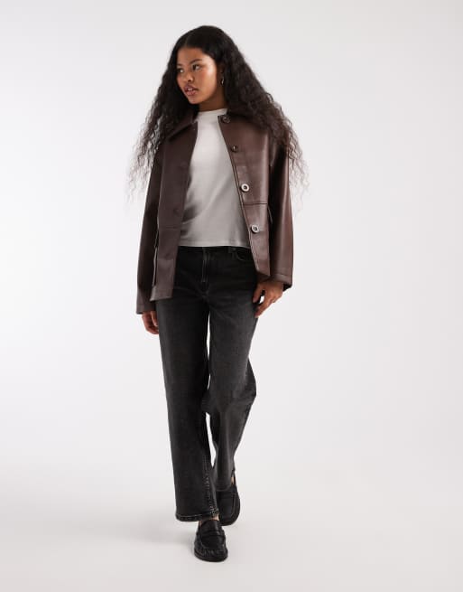 ASOS DESIGN Curve - Giacca harrington in pelle sintetica color cioccolato, 3 di 4