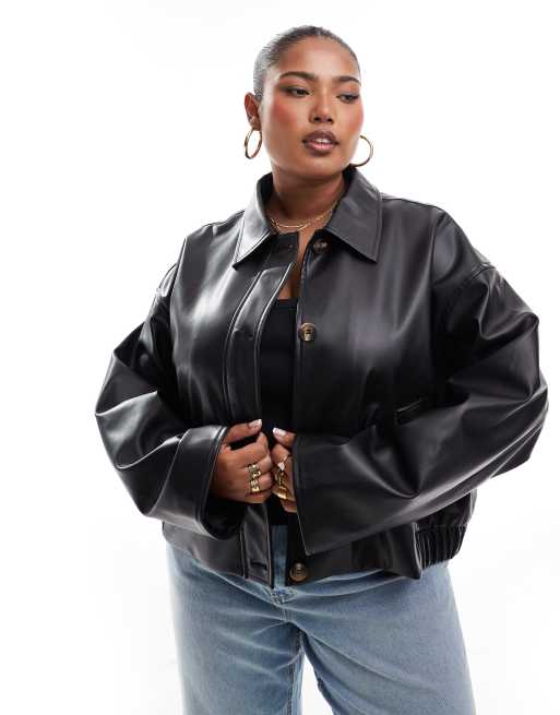 ASOS DESIGN Curve - Giacca in pelle sintetica nera con bottoni