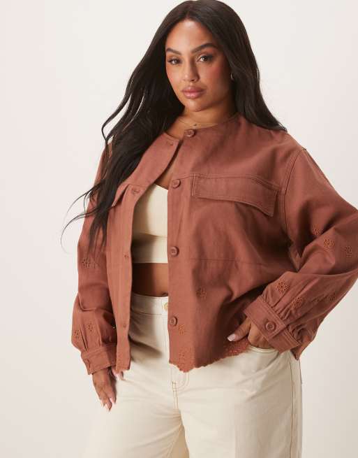 ASOS DESIGN Curve - Giacca in twill e pizzo color terracotta senza colletto