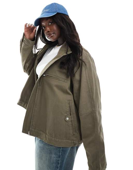 ASOS DESIGN Curve - Giacca oversize in twill color oliva scuro con collo a imbuto, 3 di 4
