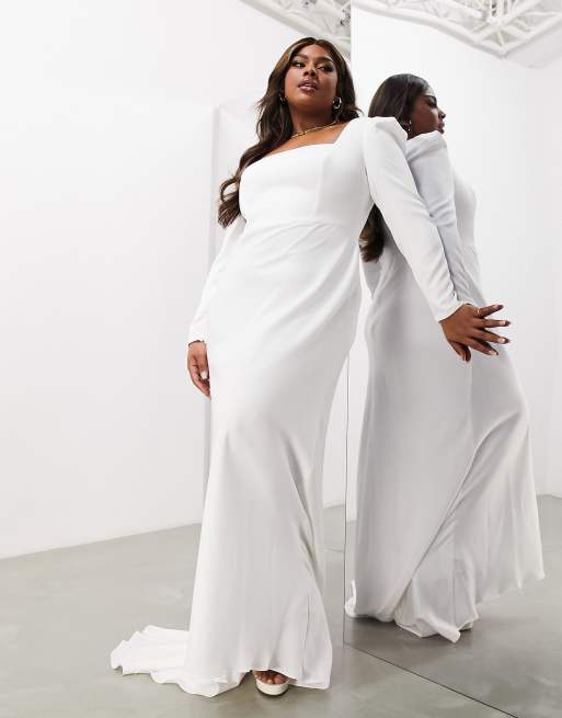 ASOS DESIGN Curve - Gigi - Satijnen trouwjurk met vierkante hals en lange mouwen in ivoorwit
