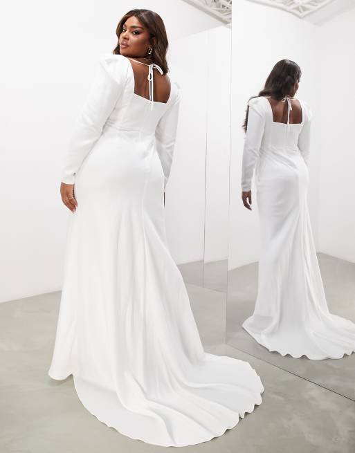 ASOS DESIGN Curve Gigi satin square neck long sleeve wedding dress in ivory