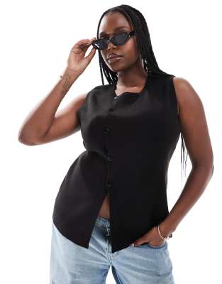 ASOS DESIGN Curve - Gilet de costume boutonné et asymétrique structuré en maille avec fente - Noir