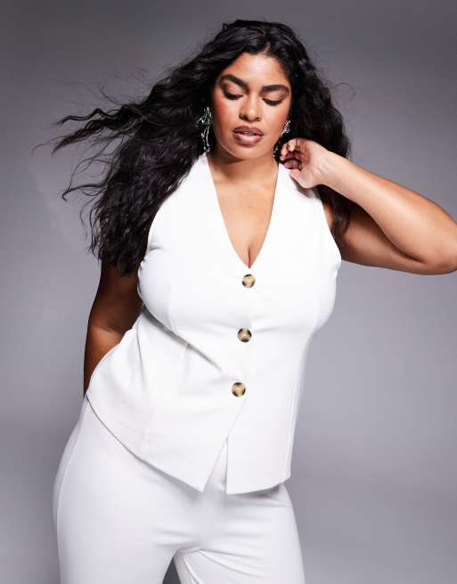 ASOS DESIGN Curve Gilet de tailleur d ensemble boutonne en maille point de Rome structuree Blanc