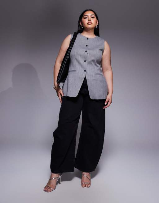 ASOS DESIGN Curve - Gilet de tailleur habillé à chevrons avec hanches moulées et col montant - Monochrome, 2 de 4